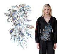 letsinstyle Large Phoenix Tail Feather Sequin Embroidered Appliques, Sequined Peacock Feather mesh Embroidery Applique Bling Lace Patch, Non-Faded Applique for Shirt Coat Jacket Jean Dress DIY Craft