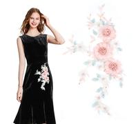 letsinstyle Pink Flowers Embroidery Lace Appliques, Pearl Beads Floral Sew on Patch, Polyester Lace Applique for Wedding Dress Party Gown Clothing DIY Craft Project