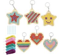 letsinstyle Wooden Cross Stitch Kits, Wood Sewing Ornaments Keychain Make Your Own Cross Stitching Keyrings, Lovely Stars Hearts Hanging Craft Embroidery Kit for Adults Party Decor Supplies