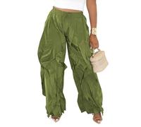 LETSVDO Women's Baggy Ruffle Fringe Pants Drawstring Elastic Waist Barrel Lantern Parachute Wide Leg Jogger Sweatpants, Dark Green, S