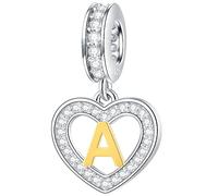 Letter A Charms Initial Necklace Pendant, 18K Gold Plated Letra a, 925 Sterling Silver Heart Alphabet Dangle CZ Beads, fit Pandora Anniversary Bracelet, Gifts for Nana/A Name/Aunt