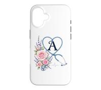 Letter A Initial Monogram Nurse Pink Roses Heart Stethoscope Case for iPhone 16