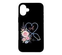 Letter A Initial Monogram Nurse Pink Roses Heart Stethoscope Case for iPhone 16 Plus