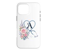 Letter A Initial Monogram Nurse Pink Roses Heart Stethoscope Case for iPhone 16 Pro Max