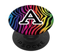 Letter A Rainbow Zebra Black Animal Print Initial Monogram PopSockets Grip and Stand for Phones and Tablets