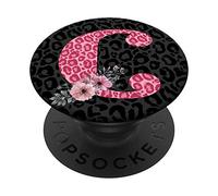 Letter C Initial Flower Pink and Black Leopard Print PopSockets PopGrip: Swappable Grip for Phones & Tablets