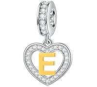 Letter E Charms Initial Necklace Pendant, 18K Gold Plated Letra e, 925 Sterling Silver Heart Alphabet Dangle CZ Beads, fit Pandora Engagement Bracelet, Gifts for Esposa/Esposo