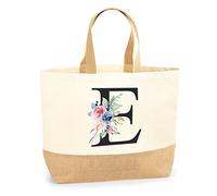 Letter E Floral Initial Flowers Watercolour Monogrammed Jute Canvas Tote Shopping Bag - Eco X-Large shopper Bag Florals Pretty Vintage Wedding Monogram Overnight School Work Sleepover One size natural