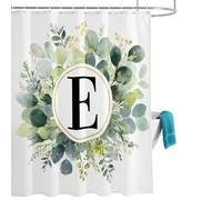 Letter E Shower Curtain for Bathroom, Alphabet Green Eucalyptus Leaves Plant Simple Waterproof Cloth Fabric Bathroom Accessories Set with 12 Rust Proof Plastic Hooks, 36” x 72”