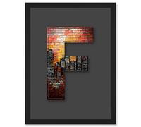 Letter F New York Cityscape Orange Red Decorative Graffiti Mural Alphabet Initial Stencil Artwork Framed Wall Art Print A4 Artery8 Black One Size