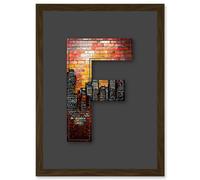 Letter F New York Cityscape Orange Red Decorative Graffiti Mural Alphabet Initial Stencil Artwork Framed Wall Art Print A4 Artery8 Brown One Size
