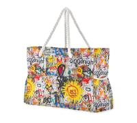 Letter Graffiti Art Sandproof Zippered Tote Bags with side pocketes Travel Tote Bag for Travel Gym Vacation