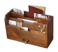 Letter Holder, Letter Rack, Wooden 3 Compartment Holder with Drawer, Retro Brown Desktop Organiser for File Folders, Mails, Envelopes, Organiser