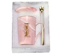 Letter I Personalized Initial Mugs with Flower, Letter I Personalized Novelty Coffee Mug, Novelty Letter Coffee Mugs for Women, Bridal Shower Gifts, Women's Initials Gifts Coffee Mug 14 Ounce Pink