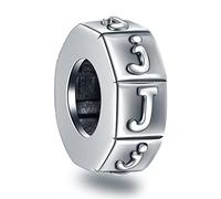 Letter J Spacer Charms, Initial J Alphabet Rubber Stopper Beads in Retro 925 Sterling Silver, fits Pandora Basic Bracelet Bangle, Personalized Gift for Journey/Graduation/Merry Christmas