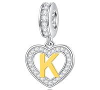 Letter K Charms Initial Necklace Pendant, 18K Gold Plated Letra k, 925 Sterling Silver Heart Alphabet Dangle CZ Beads, fit Pandora Moments Bracelet, Gifts for Kids/Granny/Niece