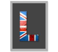Letter L Abstract UK Flag Red White Blue Decorative Graffiti Mural Alphabet Initial Stencil Artwork Framed Wall Art Print A4 Artery8 Light Grey One Size