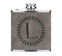 Letter L Floral Wreath Alphabet 6oz PU Leather Hip Flask Grey Luxe
