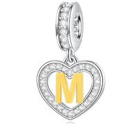 Letter M Charms Initial Necklace Pendant, 18K Gold Plated Letra m, 925 Sterling Silver Heart Alphabet Dangle Beads, fit Pandora Mothers Day Bracelet, Gifts for Mummy/Mum/Memorial