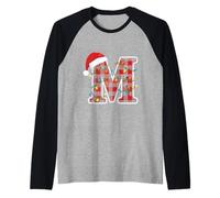 Letter M Name Initial Buffalo Plaid Alphabet Monogram Raglan Baseball Tee