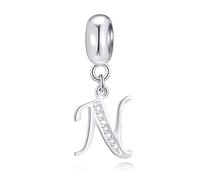 Letter N Charms Initial N Alphable Pendant Beads, 925 Sterling Silver Letra Charm Dangle with Clear CZ, fit Pandora Style Link Bracelet, Gifts for Nana/Nonna/Niece