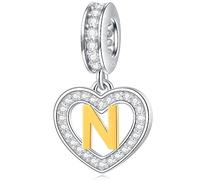 Letter N Charms Initial Necklace Pendant, 18K Gold Letra n, 925 Sterling Silver Heart Alphabet Dangle Beads, fit Pandora Style Name Bracelet, Gifts for Nana/Niece/Nurse/Nephew