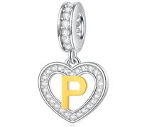 Letter P Charms Initial Necklace Pendant, 18K Gold Plated Letra p, 925 Sterling Silver Heart Alphabet Dangle Beads, fit Pandora DIY Name Bracelet, Gifts for Papa/Parents/Party
