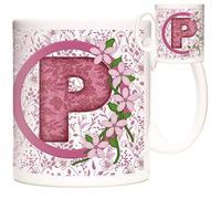 Letter P Gift Mug, Monogram Initial P Mug, Alphabet Letter P Mug, Birthday or Celebration Gift for People Who's Name Begins with P. Pink Flower Design 11oz Ceramic Mug,