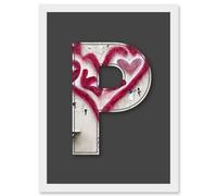 Letter P Heart Cream Decorative Graffiti Mural Alphabet Initial Stencil Artwork Framed Wall Art Print A4 Artery8 White One Size