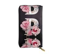 Letter P Made of Flowers Patterned Leather Long Wallet (7.5 * 4.1 inches) | Extra Large Multi-Function Compartment | Great Gift