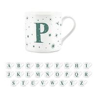 Letter P Star Mug - Bone China White Coffee/Tea Present Gift - Alphabet Letter Mug with Stars in Teal Green Blue