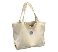 Letter Patch Decor Corduroy Shopper Bag Women Shoulder Bags Ladies Handbag Student Bag Canvas Shoulder Bag (White, One Size)