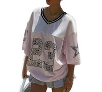 Letter Printed Jersey T-Shirtfor Women Loose Oversized V Neck Mesh Short Sleeve Top Number Graphic Y2k Sport Tees for Party Casual (A-01, S)