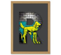 Letter R Abstract Dog Yellow Decorative Graffiti Mural Alphabet Initial Stencil Artwork Framed Wall Art Print A4 Artery8 Light Oak One Size