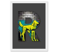 Letter R Abstract Dog Yellow Decorative Graffiti Mural Alphabet Initial Stencil Artwork Framed Wall Art Print A4 Artery8 White One Size