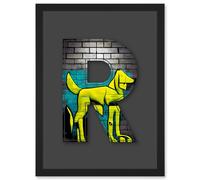Letter R Abstract Dog Yellow Decorative Graffiti Mural Alphabet Initial Stencil Artwork Framed Wall Art Print A4 Artery8 Black One Size