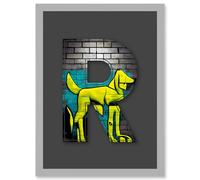 Letter R Abstract Dog Yellow Decorative Graffiti Mural Alphabet Initial Stencil Artwork Framed Wall Art Print A4 Artery8 Light Grey One Size
