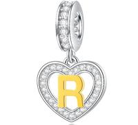 Letter R Charms Initial Necklace Pendant, 18K Gold Plated Letra r, 925 Sterling Silver Heart Alphabet Dangle Beads, fit Pandora Reflexions Bracelet, Gifts for Sister/Wife/Pareja