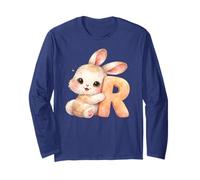 Letter R Rabbit Watercolor Cute Baby Animal Alphabet Initial Long Sleeve T-Shirt