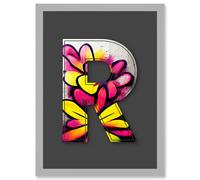 Letter R Yellow Pink Flower Decorative Graffiti Mural Alphabet Initial Stencil Artwork Framed Wall Art Print A4 Artery8 Light Grey One Size