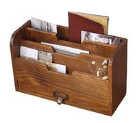 Letter Rack Wooden 3 Compartment Letter Holder with Drawer Retro Brown Desktop Organiser for File Folders Mails Envelopes