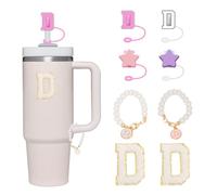 Letter Stanley Straw Cover 2Pcs Dustproof 10mm Straw Cover for Stanley Cup Accessories Include 2pcs Personalized Name ID A-Z Pearl Hangings Letter Stickers(D)