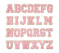 Letter Stickers, 26 Pieces Iron On Patches & Self-Adhesive, Soft Chenille Letters Iron On with Glitter Border - Alphabet Fabric Patches for Clothes, Bags, Hats (Pink A)
