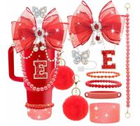 Letter Stickers Bling Accessories Set for Stanley 40/30/20 oz Tumbler: Bow Straw Topper, Charms, Butterfly Cap, Pearl Strap, Silicone Boot, Accessories for Stanley Quencher H2.0 (E, Red Scarlet)