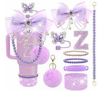 Letter Stickers Bling Accessories Set for Stanley 40/30/20 oz Tumbler: Bow Straw Topper, Charms, Butterfly Cap, Pearl Strap, Silicone Boot, Accessories for Stanley Quencher H2.0 (Z, Purple Plum)
