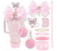 Letter Stickers Bling Accessories Set for Stanley 40/30/20 oz Tumbler: Bow Straw Topper, Charms, Butterfly Cap, Pearl Strap, Silicone Boot, Accessories for Stanley Quencher H2.0 (B, Pink Peony)