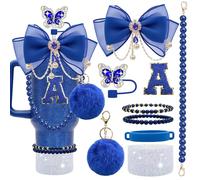 Letter Stickers Bling Accessories Set for Stanley 40/30/20 oz Tumbler: Bow Straw Topper, Charms, Butterfly Cap, Pearl Strap, Silicone Boot, Accessories for Stanley Quencher H2.0 (A, Royal Blue)