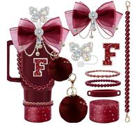 Letter Stickers Bling Accessories Set for Stanley 40/30/20 oz Tumbler: Bow Straw Topper, Charms, Butterfly Cap, Pearl Strap, Silicone Boot, Accessories for Stanley Quencher H2.0 (F, Black cherry)