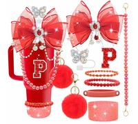 Letter Stickers Bling Accessories Set for Stanley 40/30/20 oz Tumbler: Bow Straw Topper, Charms, Butterfly Cap, Pearl Strap, Silicone Boot, Accessories for Stanley Quencher H2.0 (P, Red Scarlet)