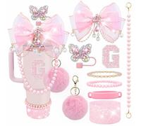 Letter Stickers Bling Accessories Set for Stanley 40/30/20 oz Tumbler: Bow Straw Topper, Charms, Butterfly Cap, Pearl Strap, Silicone Boot, Accessories for Stanley Quencher H2.0 (G, Pink Peony)